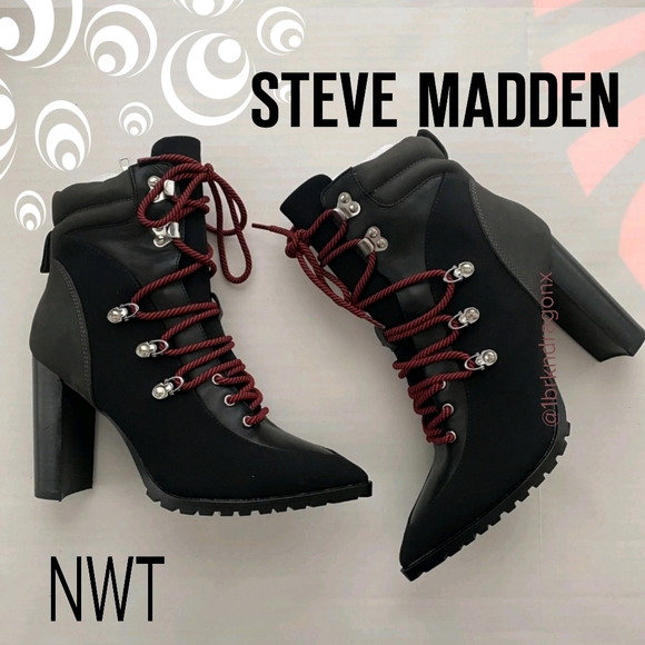 NWT Black Red Lug Sole Block Heel Lace Up Illusion Booties Boot Boots - Picture 6 of 16